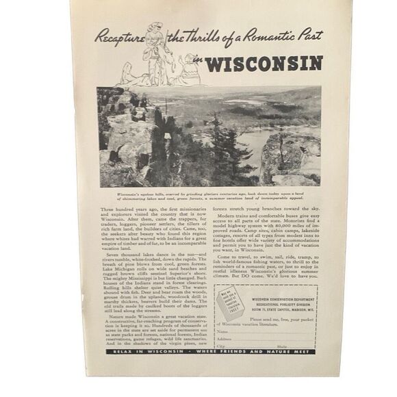 Vintage 1937 Wisconsin The Thrills of A Romantic Past Ad Advertisement - Picture 4 of 4